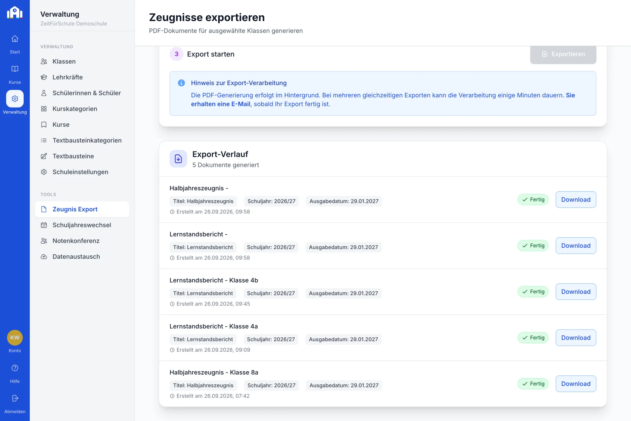 Einblick: fertig erzeugte Lernstandsberichte und Zeugnisse zum Download