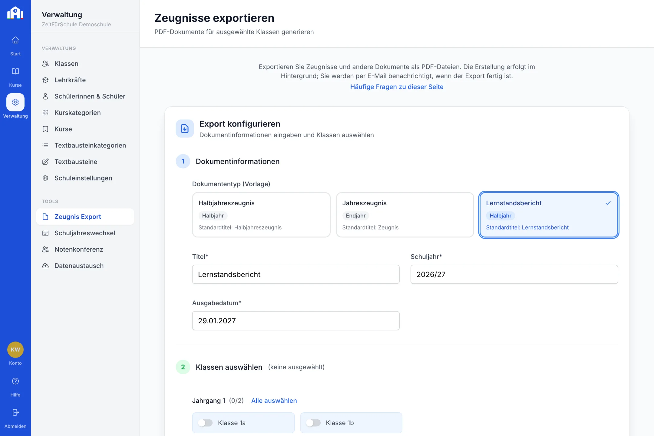 Zeugnis-Export mit gewählter Vorlage Lernstandsbericht, Schuljahr und Ausgabedatum