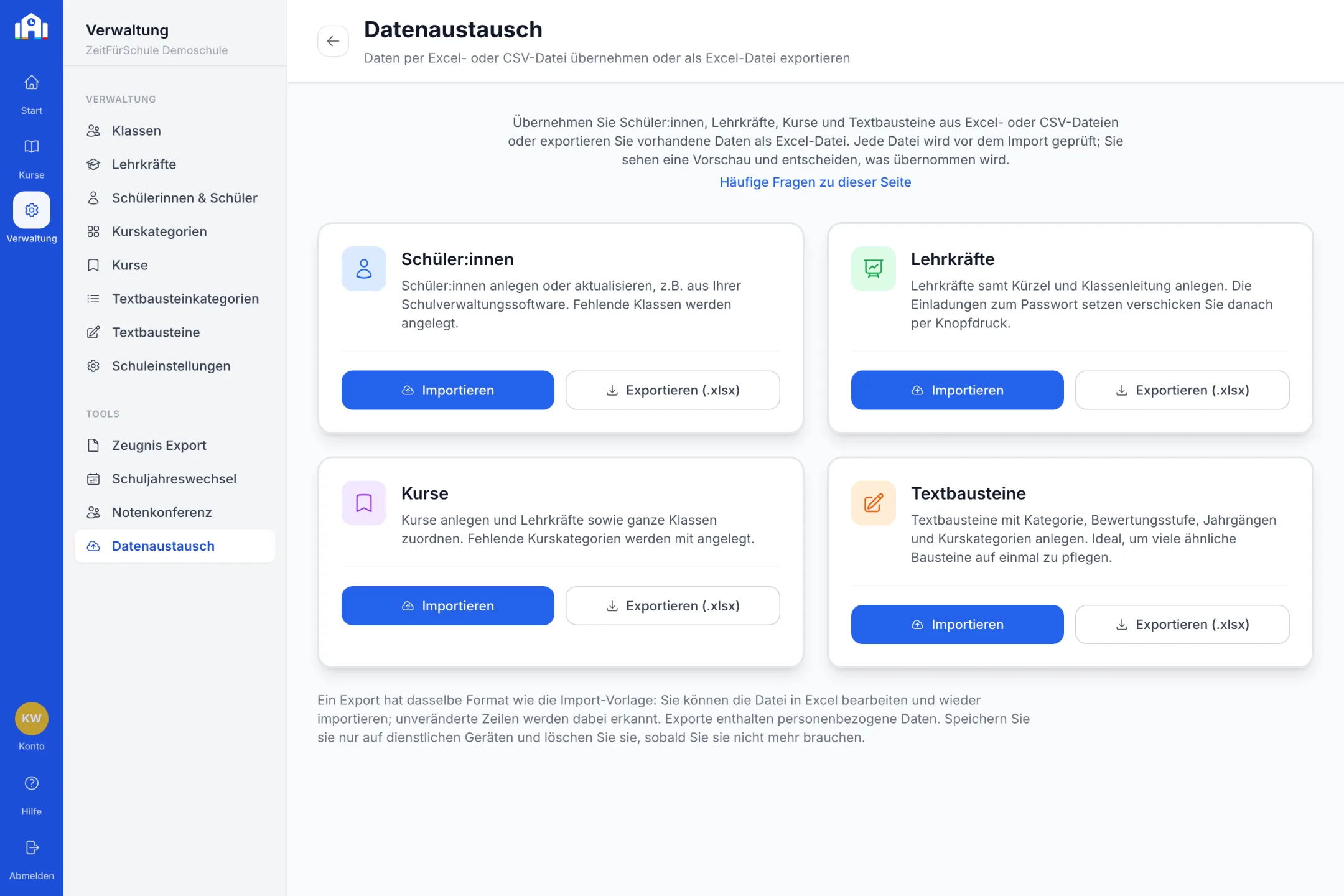ZeitFürSchule Zeugnisprogramm: Datenaustausch per Excel für Schüler:innen, Lehrkräfte, Kurse und Textbausteine