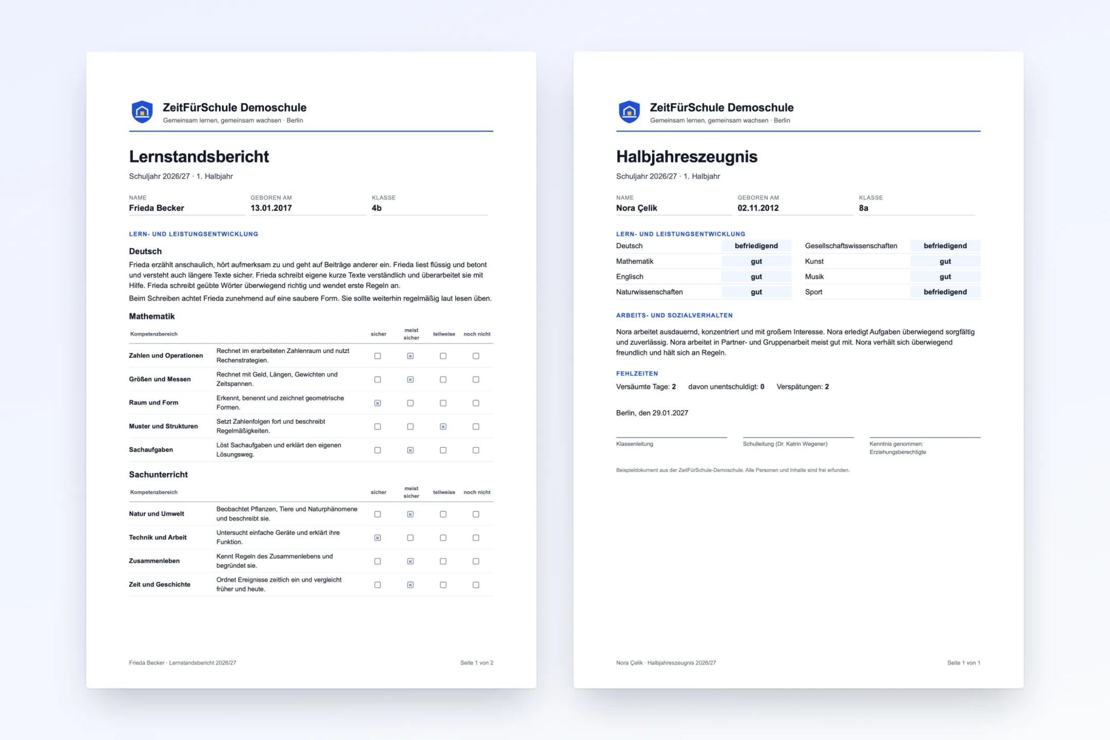 Einblick: Lernstandsbericht mit Kompetenzraster und Halbjahreszeugnis mit Noten als fertige PDF-Dokumente