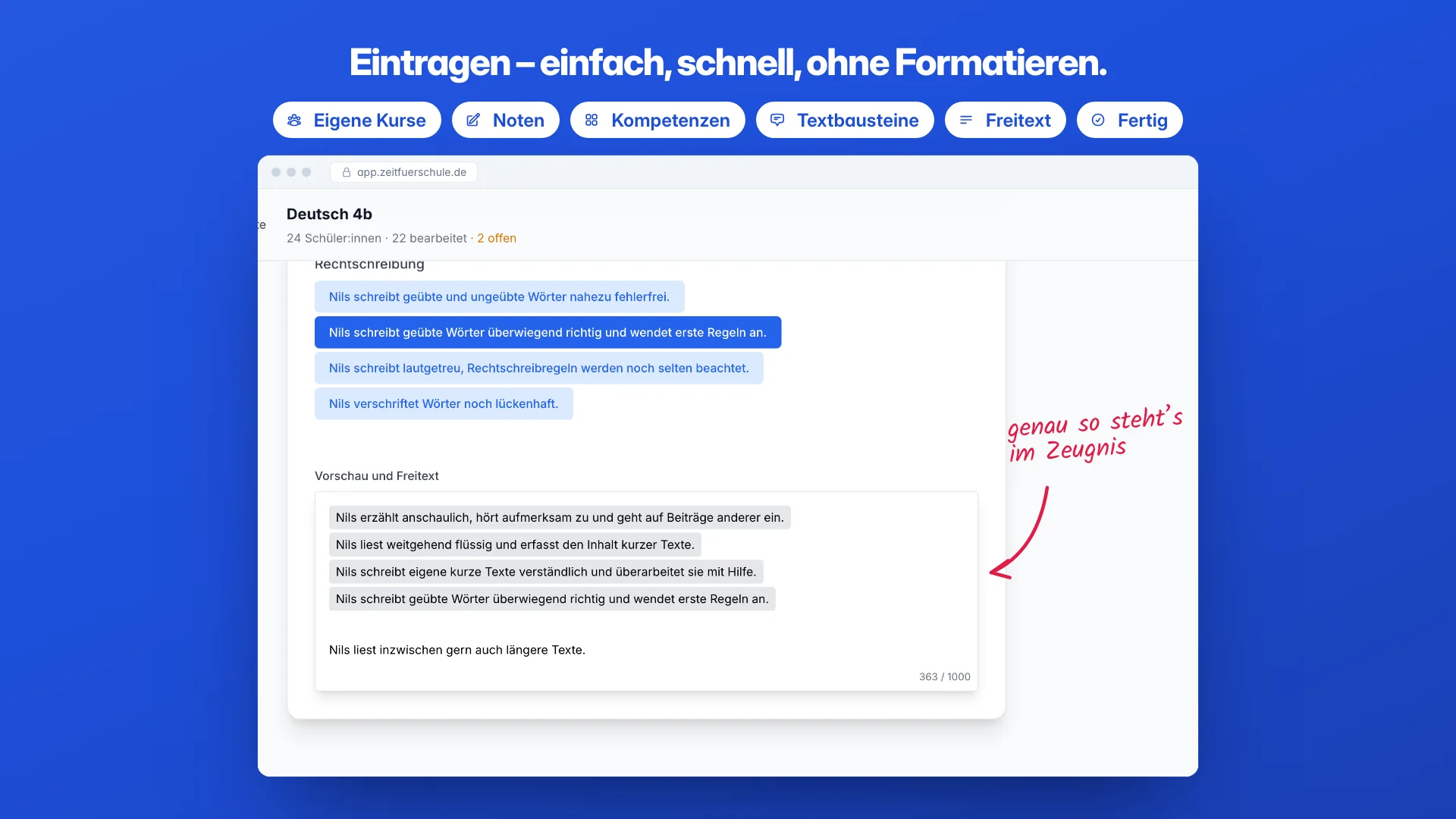 Das Zeugnisprogramm von ZeitFürSchule: Textbausteine und Freitext im Kurs Deutsch 4b