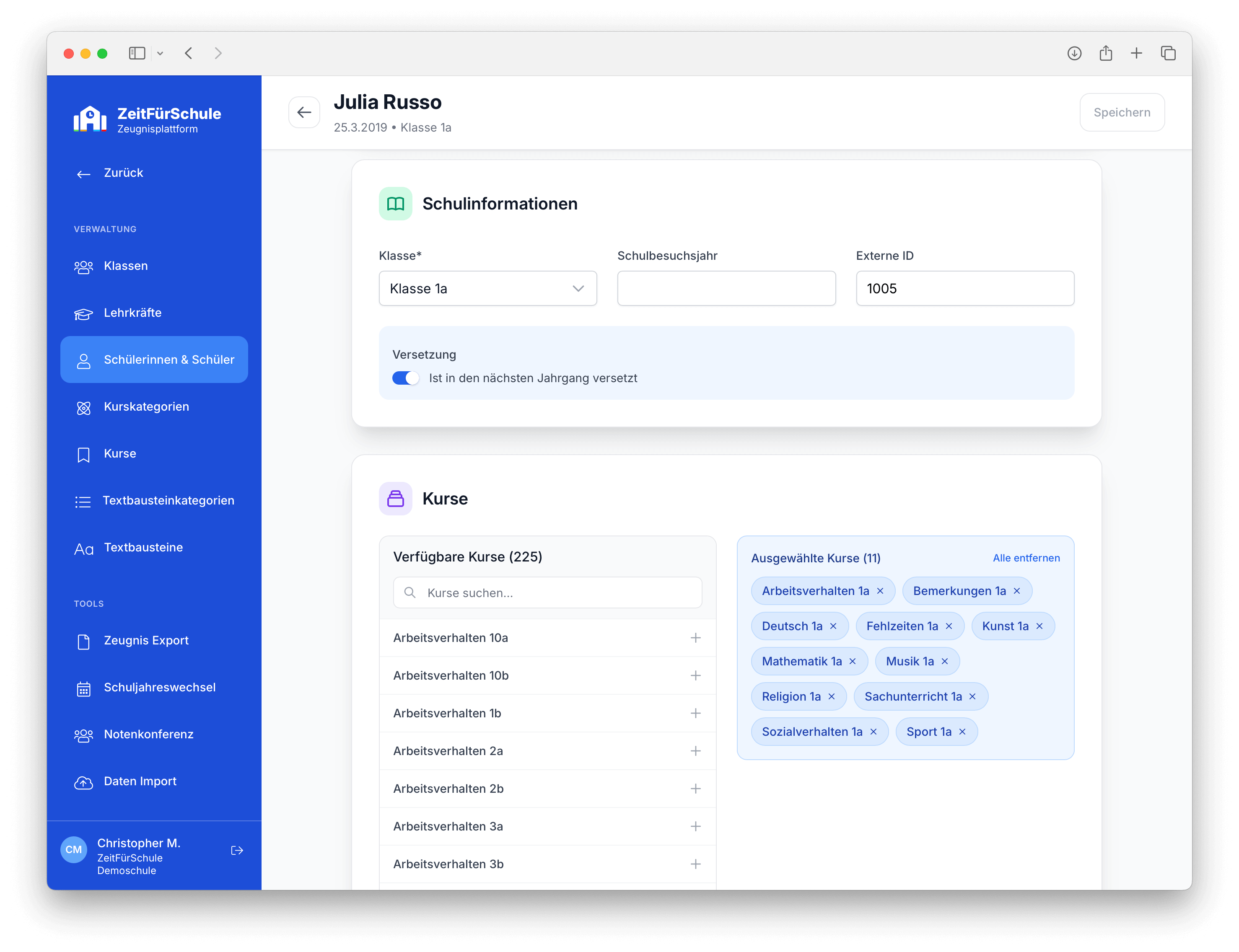 Zeit für Schule Zeugnisprogramm - Verwaltungsbereich