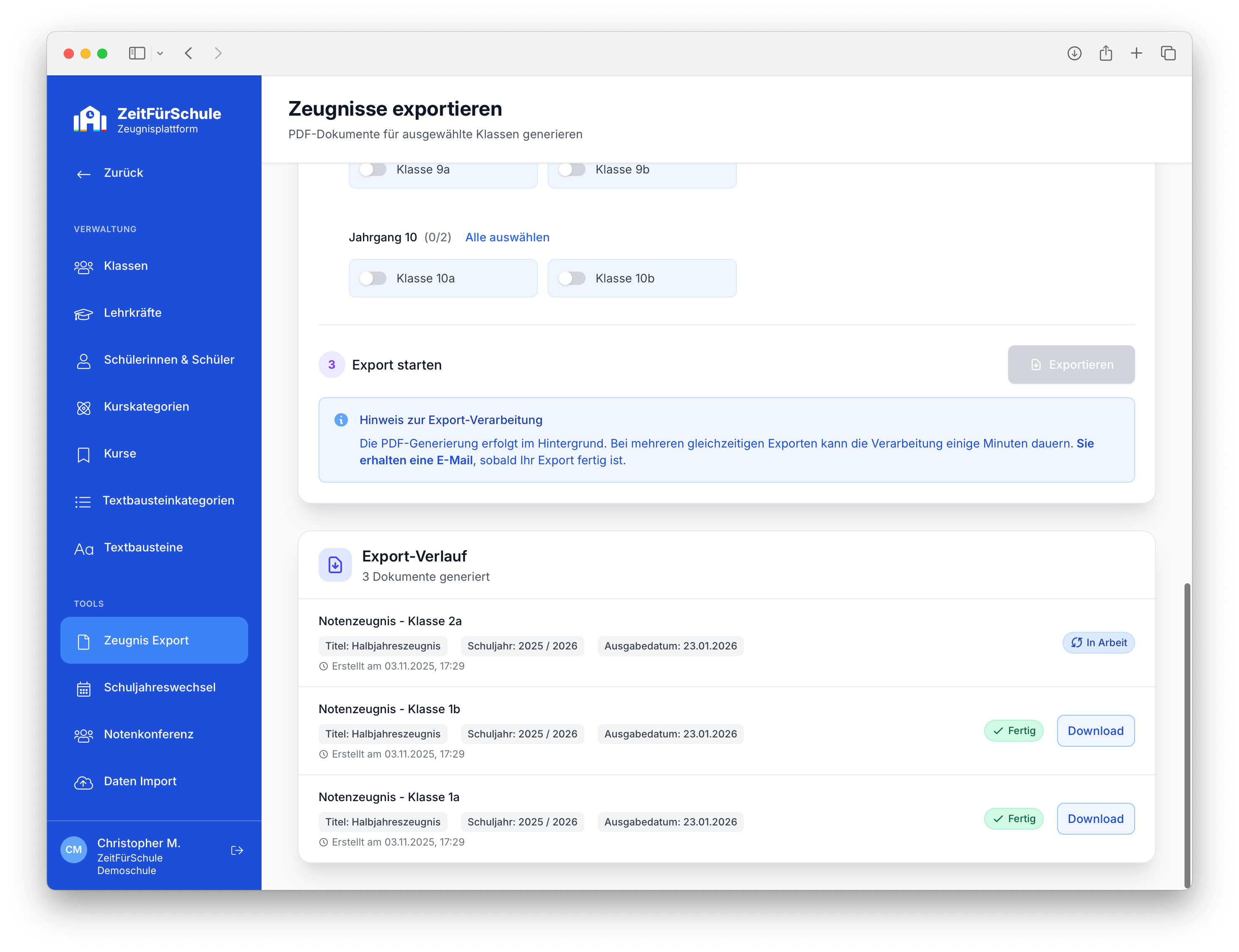 Zeit für Schule Zeugnisprogramm - Dokumentenerstellung und PDF Export